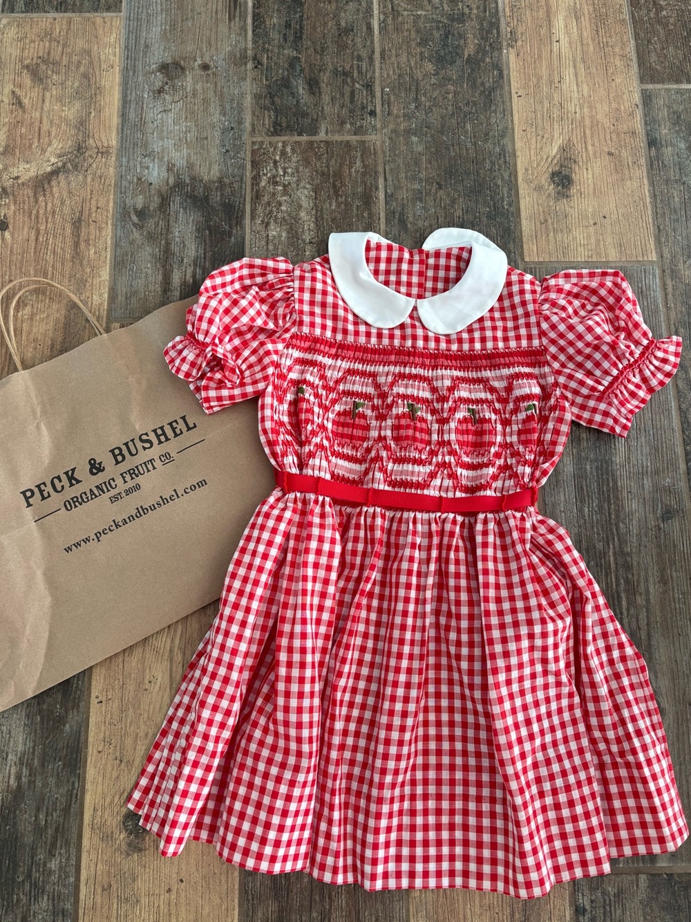Fall Red Gingham Smocked (Size 6) Peter Pan Collar Apple Handmade Girls Dress